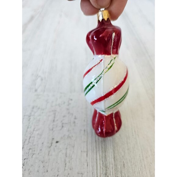 Glass candy ornament Columbia vintage Xmas red glitter peppermint tree - Picture 3 of 9